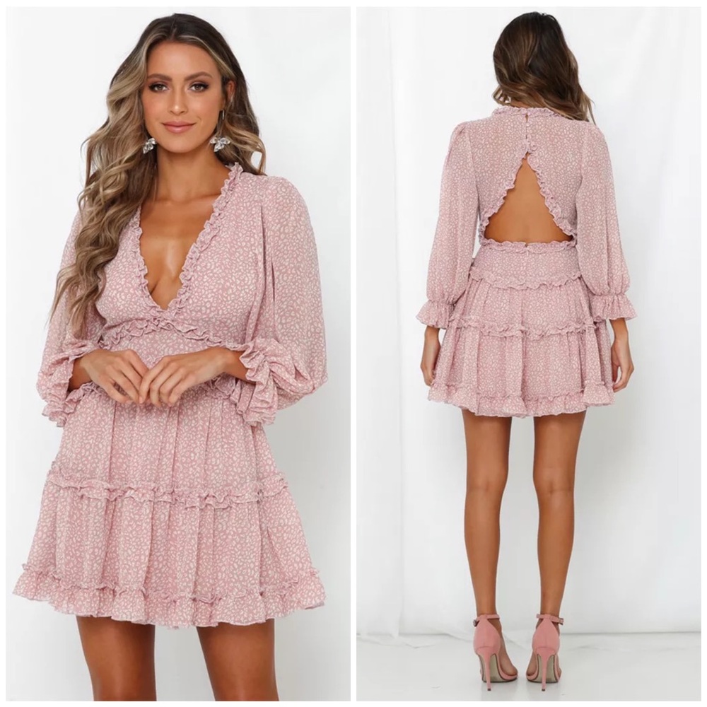 Pink Chiffon Ruffle Open Back Mini Dress - Picture 1 of 8